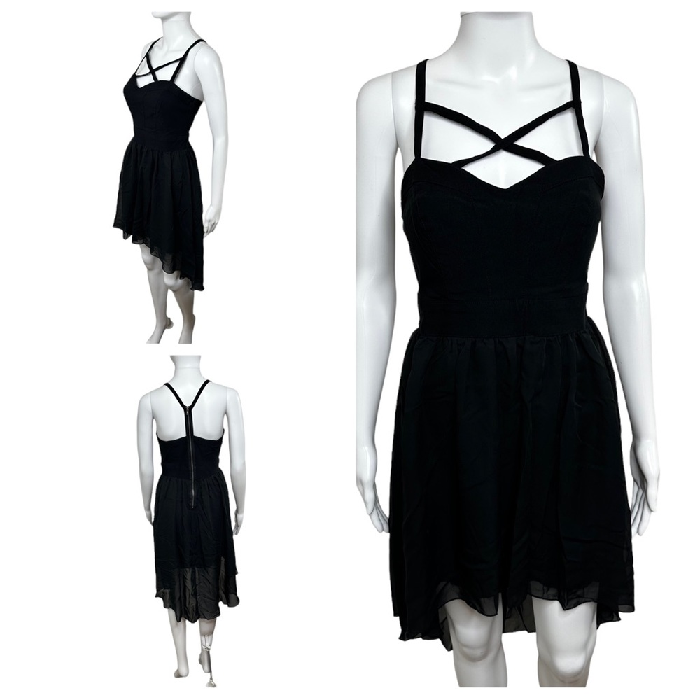 TRIXXI Black Hi Low Strappy Party Dress Size 11 Lined Tulle T-Back Witchy Goth